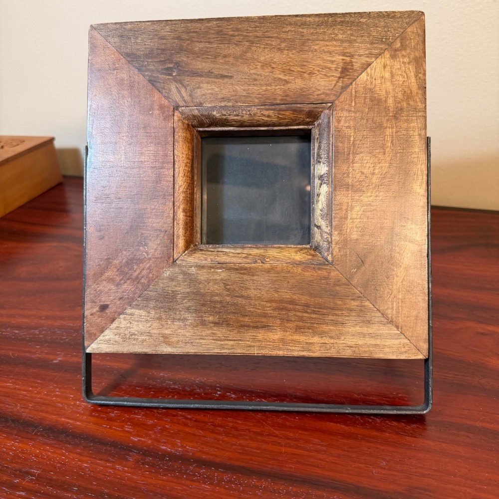 Mud Pie Rustic Mango Wood Square Picture Frame with Metal Stand 3x3 Photo